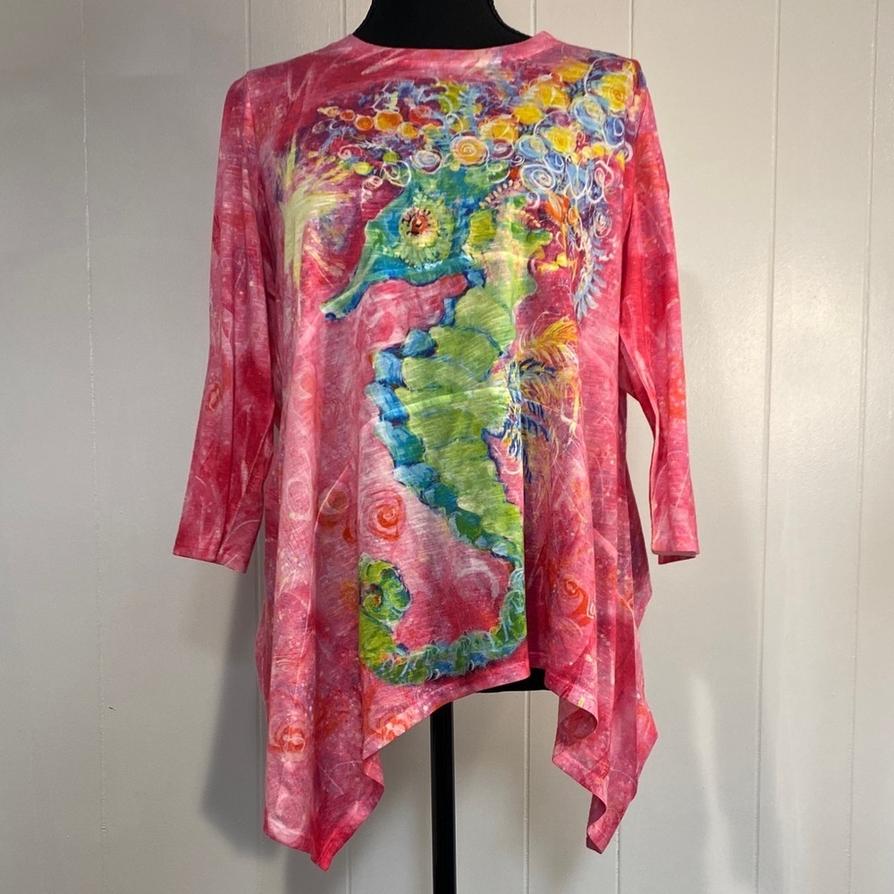 Leoma Lovegrove Tunic Top | Seahorse Print Shark Bite Hem | Pink | Size L | NWOT